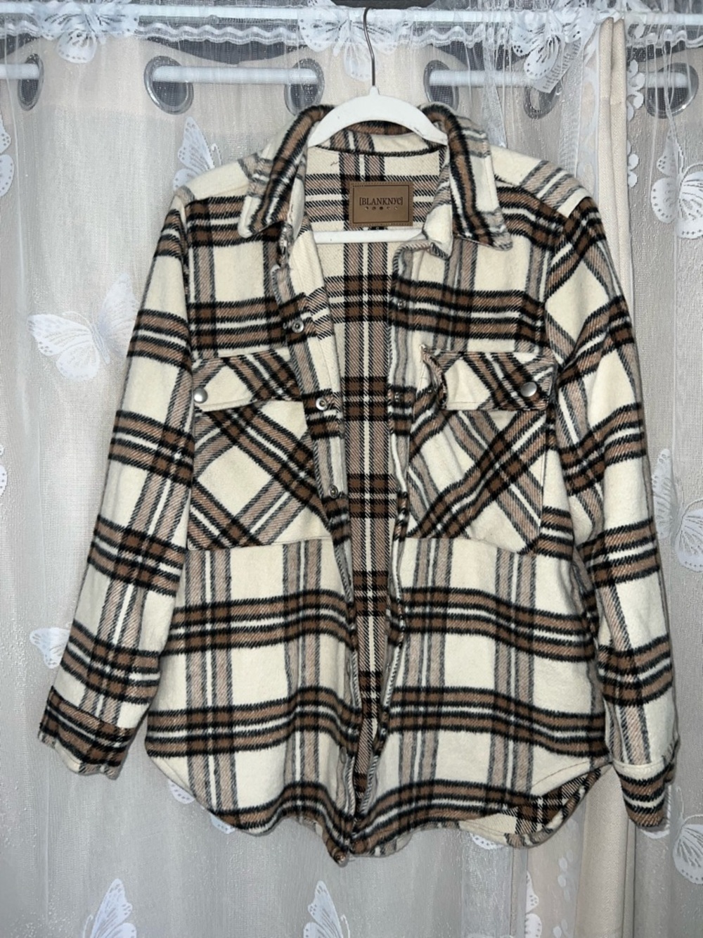 Blank NYC Cream and Brown Plaid Utility Shacket